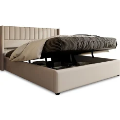 Generique Lit coffre 180 x 200 cm - Lit Double avec Sommier à Lattes - Lin Bois Métal - Sans Matelas - Beige