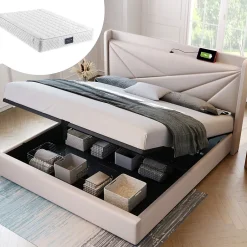 Okwish Lit coffre 140 x 200 cm - Lit double capitonné avec sommier à lattes et charge USB Type C - Coton et métal - avec Matelas - Beige