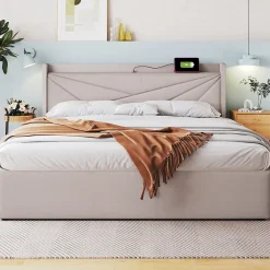 Okwish Lit coffre 140 x 200 cm - Lit double capitonné avec sommier à lattes et charge USB Type C - Coton et métal - avec Matelas - Beige