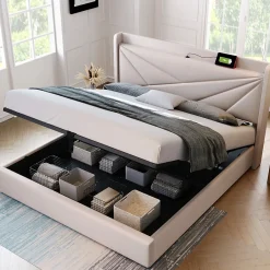 Okwish Lit coffre 140 x 200 cm - Lit double capitonné avec sommier à lattes et charge USB Type C - Coton et métal - avec Matelas - Beige