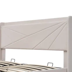 Okwish Lit coffre 140 x 200 cm - Lit double capitonné avec sommier à lattes et charge USB Type C - Coton et métal - avec Matelas - Beige