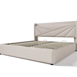 Okwish Lit coffre 140 x 200 cm - Lit double capitonné avec sommier à lattes et charge USB Type C - Coton et métal - avec Matelas - Beige