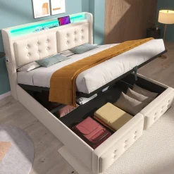 Okwish Lit Coffre 140 x 200 Cm - Lit Double avec Tête de Lit LED et Charge USB C - Bois, Coton, Métal - Sans Matelas - Beige