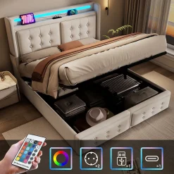 Okwish Lit Coffre 140 x 200 Cm - Lit Double avec Tête de Lit LED et Charge USB C - Bois, Coton, Métal - Sans Matelas - Beige
