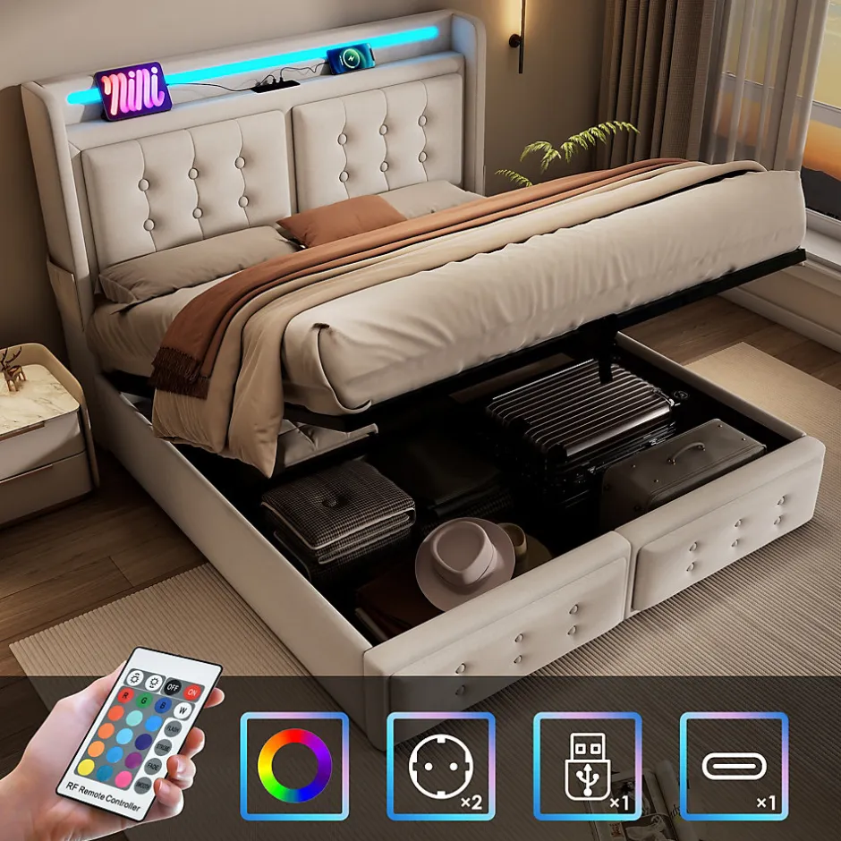 Okwish Lit Coffre 140 x 200 Cm - Lit Double avec Tête de Lit LED et Charge USB C - Bois, Coton, Métal - Sans Matelas - Beige