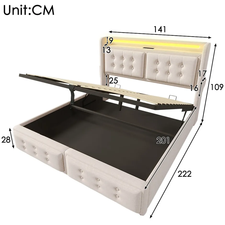 Okwish Lit Coffre 140 x 200 Cm - Lit Double avec Tête de Lit LED et Charge USB C - Bois, Coton, Métal - Sans Matelas - Beige