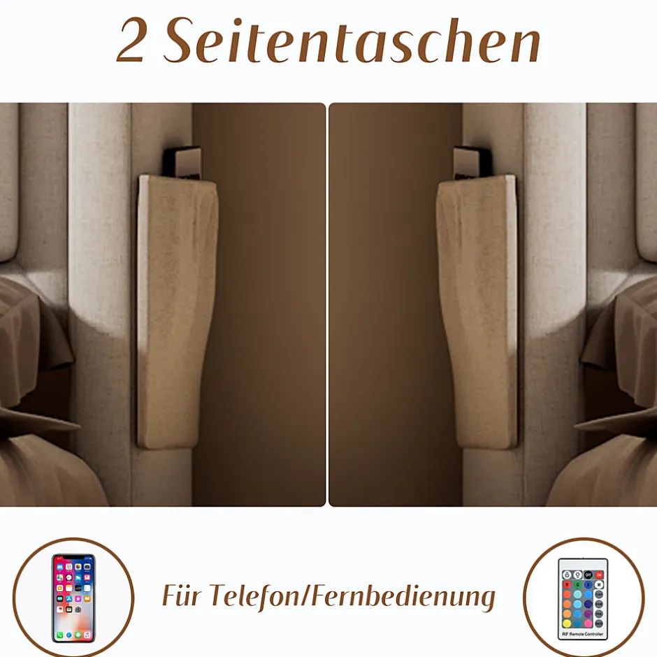 Okwish Lit Coffre 140 x 200 Cm - Lit Double avec Tête de Lit LED et Charge USB C - Bois, Coton, Métal - Sans Matelas - Beige