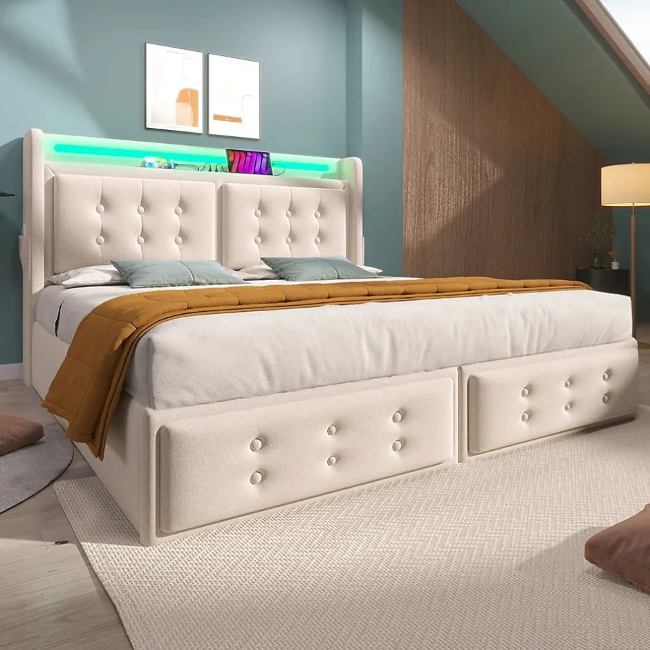 Okwish Lit Coffre 140 x 200 Cm - Lit Double avec Tête de Lit LED et Charge USB C - Bois, Coton, Métal - Sans Matelas - Beige