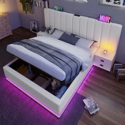 Generique Lit Coffre 160 x 200 Cm - Lit Double Capitonné avec LED et Charge USB-C - Métal, PU, Bois Massif - Sans Matelas - Blanc