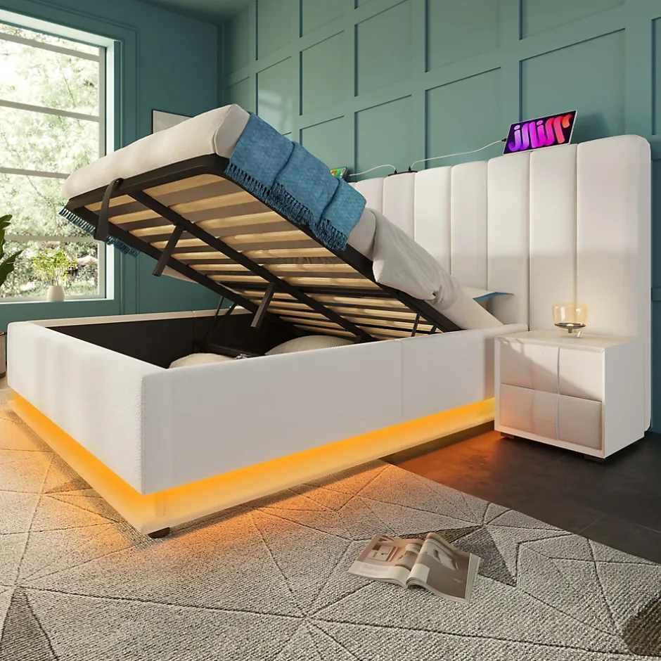 Generique Lit Coffre 160 x 200 Cm - Lit Double Capitonné avec LED et Charge USB-C - Métal, PU, Bois Massif - Sans Matelas - Blanc