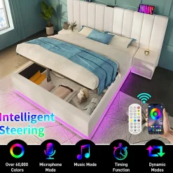 Generique Lit Coffre 160 x 200 Cm - Lit Double Capitonné avec LED et Charge USB-C - Métal, PU, Bois Massif - Sans Matelas - Blanc