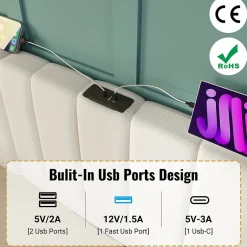 Generique Lit Coffre 160 x 200 Cm - Lit Double Capitonné avec LED et Charge USB-C - Métal, PU, Bois Massif - Sans Matelas - Blanc