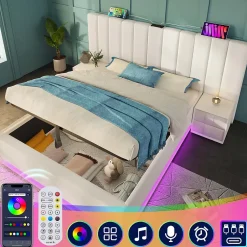 Generique Lit Coffre 180 x 200 Cm - Lit Double avec LED et Charge USB-C - Métal, Similicuir, Bois Massif - Sans Matelas - Blanc