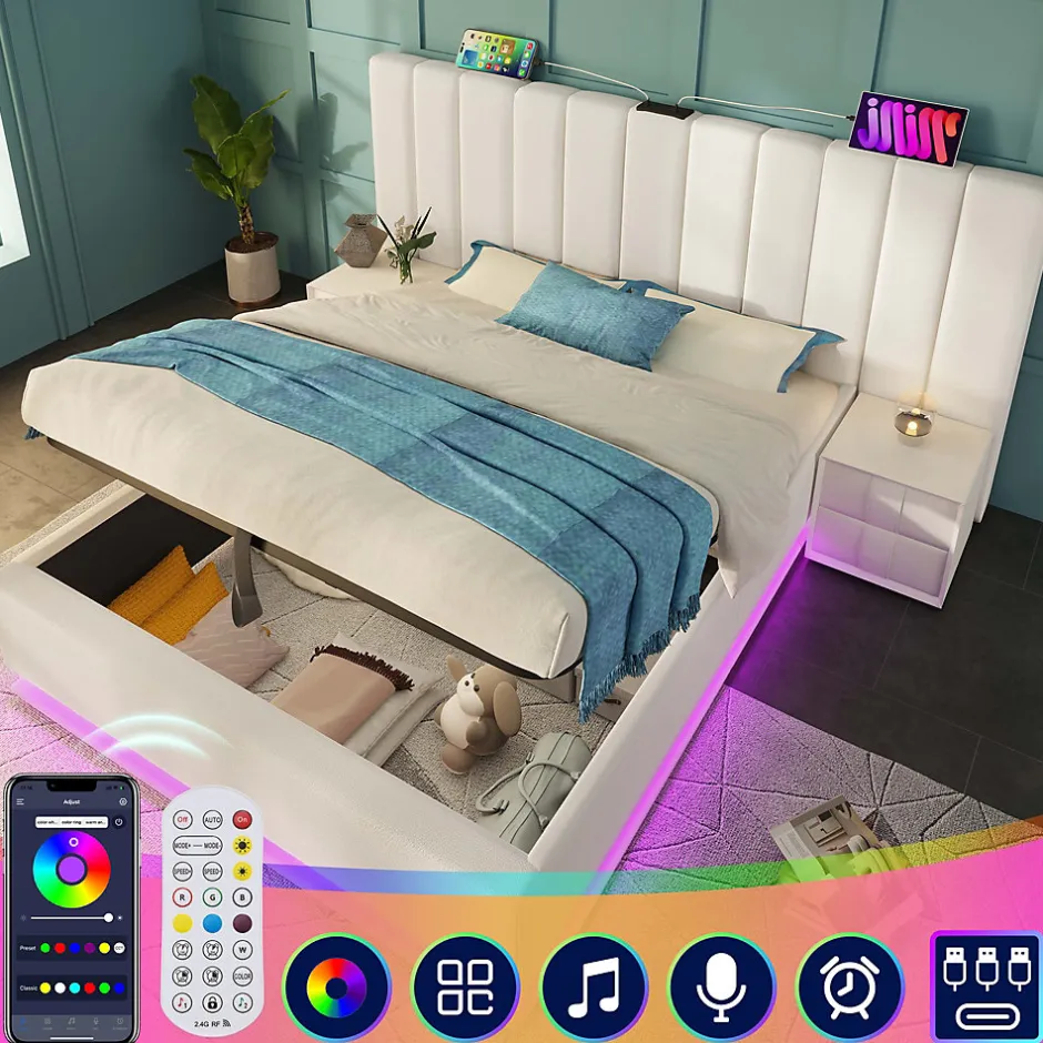 Generique Lit Coffre 180 x 200 Cm - Lit Double avec LED et Charge USB-C - Métal, Similicuir, Bois Massif - Sans Matelas - Blanc