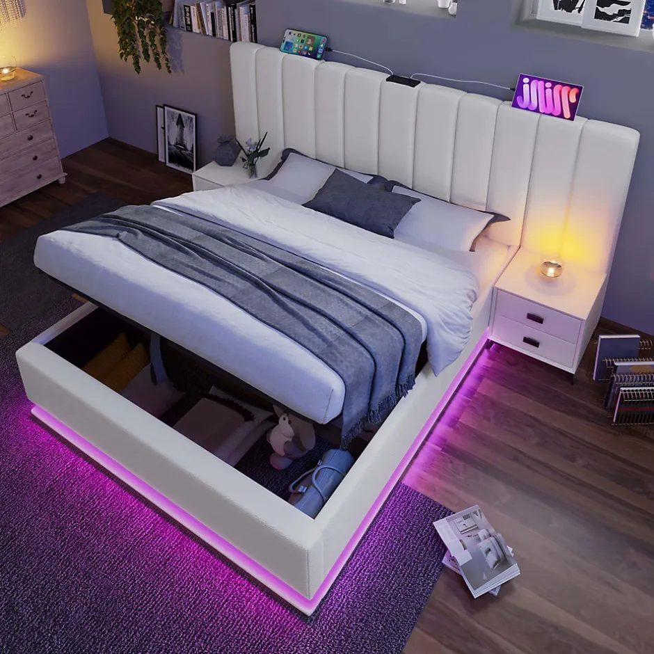 Generique Lit Coffre 180 x 200 Cm - Lit Double avec LED et Charge USB-C - Métal, Similicuir, Bois Massif - Sans Matelas - Blanc