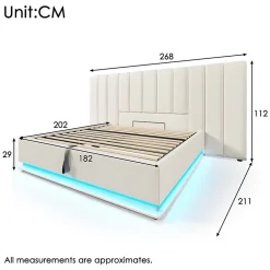 Generique Lit Coffre 180 x 200 Cm - Lit Double avec LED et Charge USB-C - Métal, Similicuir, Bois Massif - Sans Matelas - Blanc