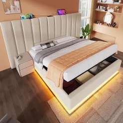 Generique Lit Coffre 160 x 200 Cm - Lit Double avec LED et Charge USB-C - Métal, Lin, Bois Massif - Sans Matelas - Beige