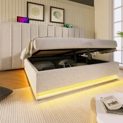 Generique Lit Coffre 160 x 200 Cm - Lit Double avec LED et Charge USB-C - Métal, Lin, Bois Massif - Sans Matelas - Beige