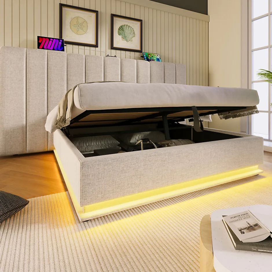Generique Lit Coffre 160 x 200 Cm - Lit Double avec LED et Charge USB-C - Métal, Lin, Bois Massif - Sans Matelas - Beige