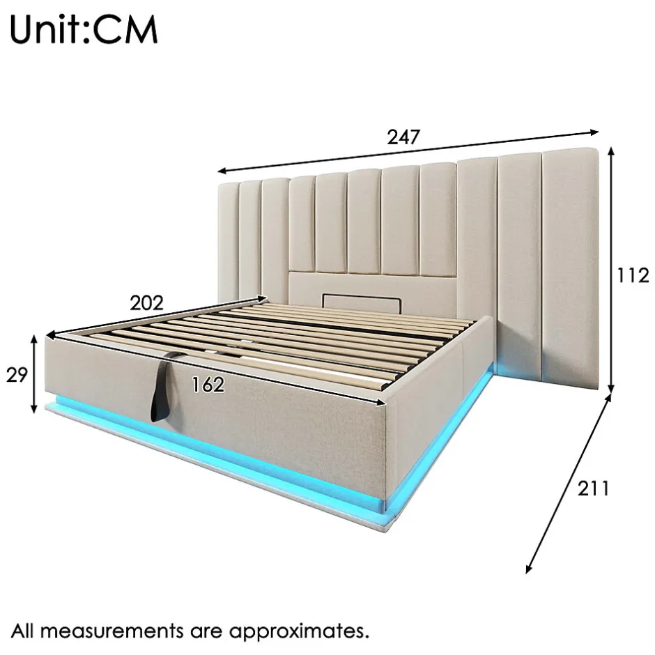 Generique Lit Coffre 160 x 200 Cm - Lit Double avec LED et Charge USB-C - Métal, Lin, Bois Massif - Sans Matelas - Beige