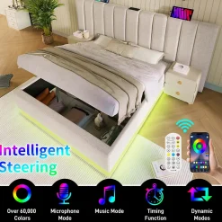 Generique Lit Coffre 160 x 200 Cm - Lit Double avec LED et Charge USB-C - Métal, Lin, Bois Massif - Sans Matelas - Beige