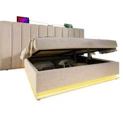 Generique Lit Coffre 160 x 200 Cm - Lit Double avec LED et Charge USB-C - Métal, Lin, Bois Massif - Sans Matelas - Beige