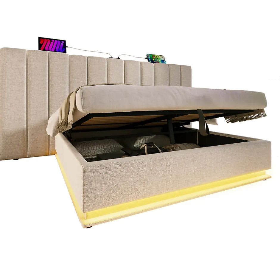 Generique Lit Coffre 160 x 200 Cm - Lit Double avec LED et Charge USB-C - Métal, Lin, Bois Massif - Sans Matelas - Beige