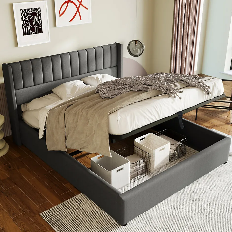 Generique Lit coffre 140 x 200 cm - Lit Double avec Sommier à Lattes - Lin Bois Métal - Sans Matelas - Gris Hot
