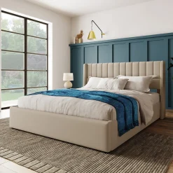 Generique Lit coffre 140 x 200 cm - Lit Double avec Sommier à Lattes - Lin Bois Métal - Sans Matelas - Gris Hot