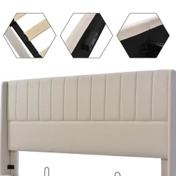 Generique Lit coffre 140 x 200 cm - Lit Double avec Sommier à Lattes - Lin Bois Métal - Sans Matelas - Gris Hot