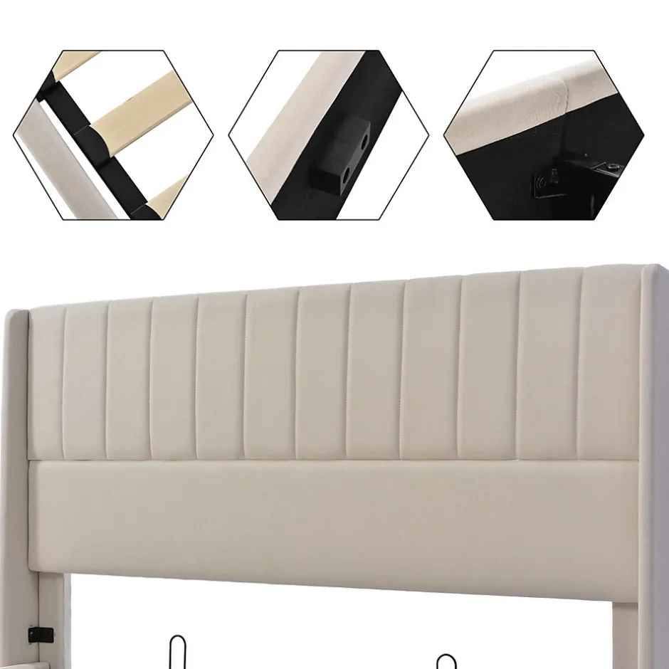 Generique Lit coffre 140 x 200 cm - Lit Double avec Sommier à Lattes - Lin Bois Métal - Sans Matelas - Gris Hot