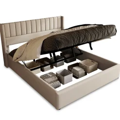 Generique Lit coffre 140 x 200 cm - Lit Double avec Sommier à Lattes - Lin Bois Métal - Sans Matelas - Gris Hot