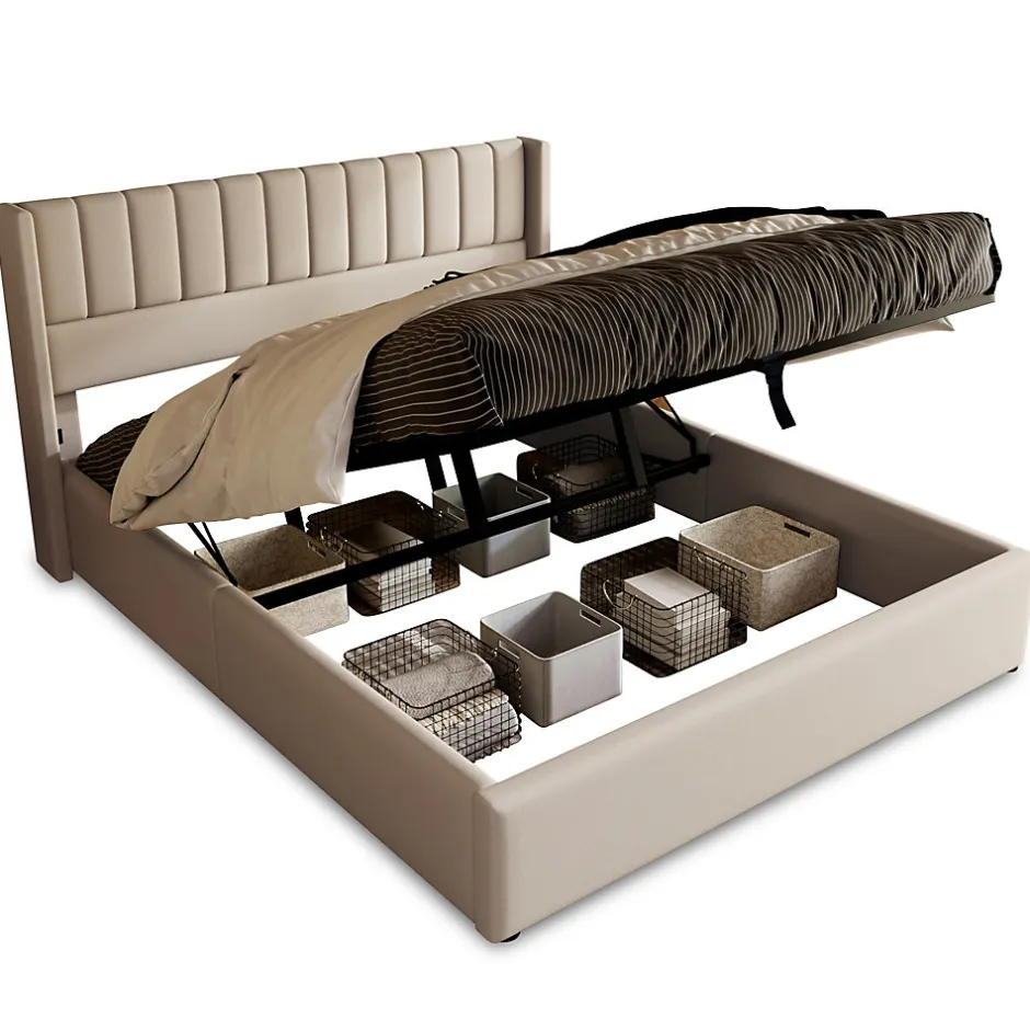 Generique Lit coffre 140 x 200 cm - Lit Double avec Sommier à Lattes - Lin Bois Métal - Sans Matelas - Gris Hot