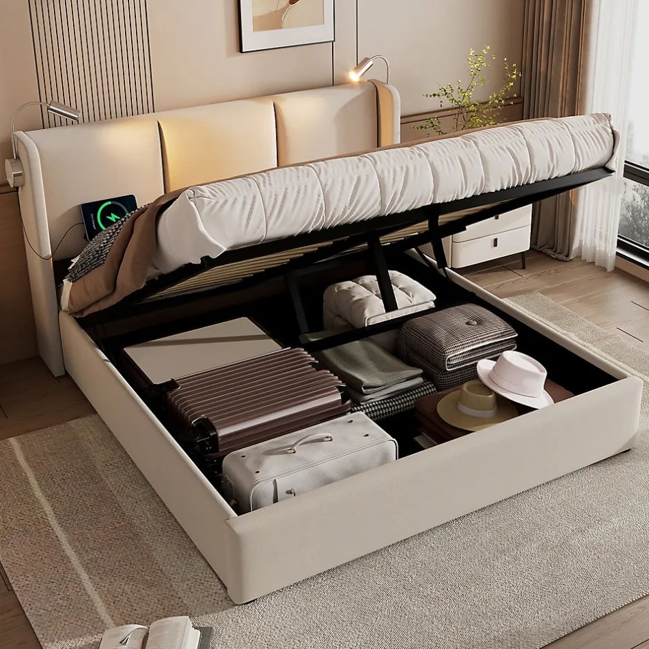 Okwish Lit Coffre 160 x 200 Cm - Lit Double avec Lampe de Lecture et Charge USB - Bois Massif et PU - Sans Matelas - Beige