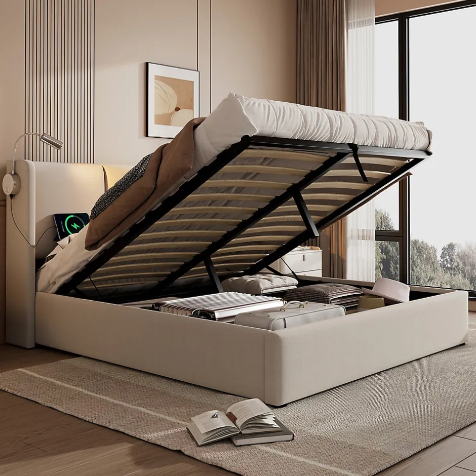 Okwish Lit Coffre 160 x 200 Cm - Lit Double avec Lampe de Lecture et Charge USB - Bois Massif et PU - Sans Matelas - Beige