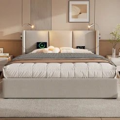 Okwish Lit Coffre 160 x 200 Cm - Lit Double avec Lampe de Lecture et Charge USB - Bois Massif et PU - Sans Matelas - Beige