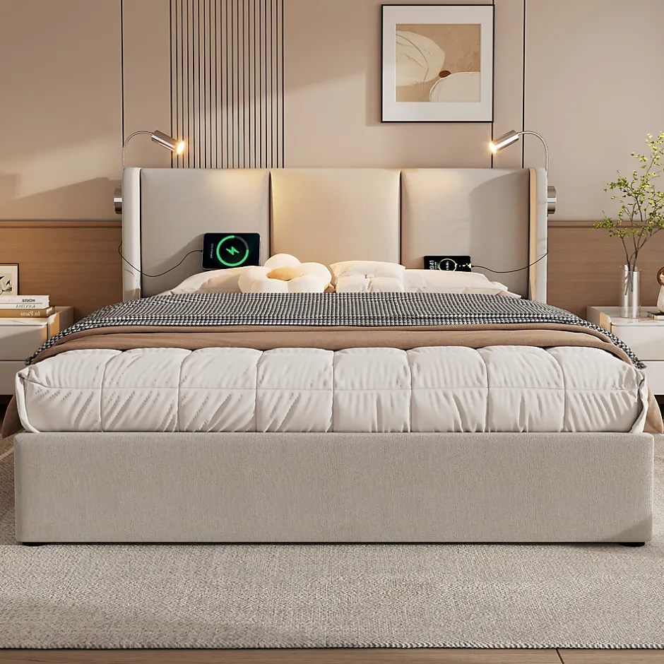 Okwish Lit Coffre 160 x 200 Cm - Lit Double avec Lampe de Lecture et Charge USB - Bois Massif et PU - Sans Matelas - Beige