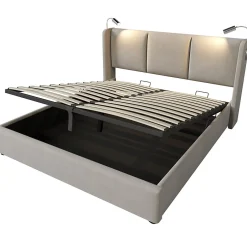 Okwish Lit Coffre 160 x 200 Cm - Lit Double avec Lampe de Lecture et Charge USB - Bois Massif et PU - Sans Matelas - Beige