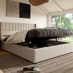 Okwish Lit coffre 160 x 200 cm - Lit Double avec Sommier à Lattes - Lin Bois Métal - Sans Matelas - Beige