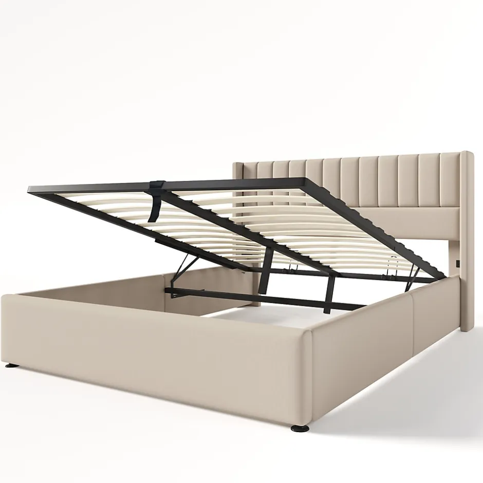 Okwish Lit coffre 160 x 200 cm - Lit Double avec Sommier à Lattes - Lin Bois Métal - Sans Matelas - Beige