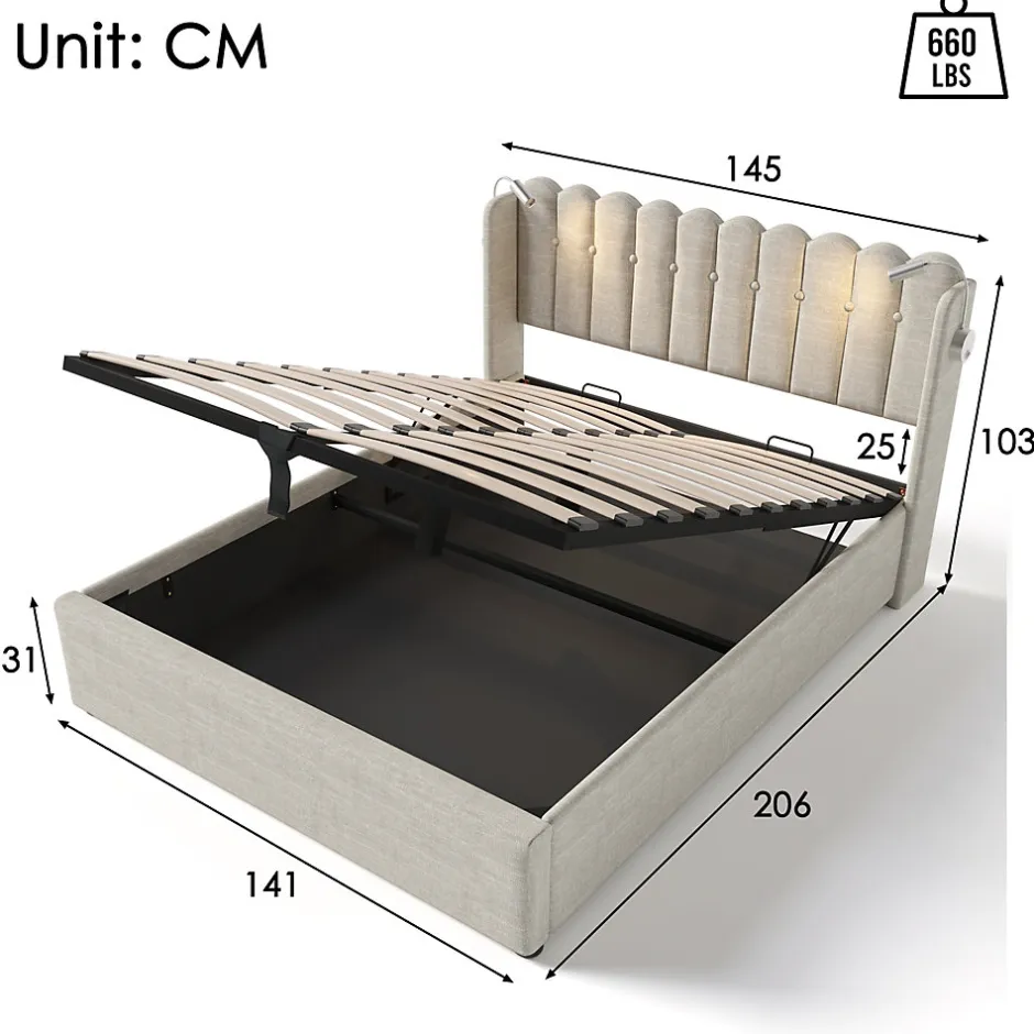 Okwish Lit Coffre 160 x 200 Cm - Lit Double avec Lampe de Lecture et Ports USB - Lin - Sans Matelas - Beige
