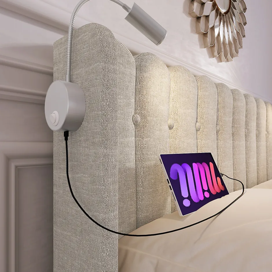 Okwish Lit Coffre 160 x 200 Cm - Lit Double avec Lampe de Lecture et Ports USB - Lin - Sans Matelas - Beige
