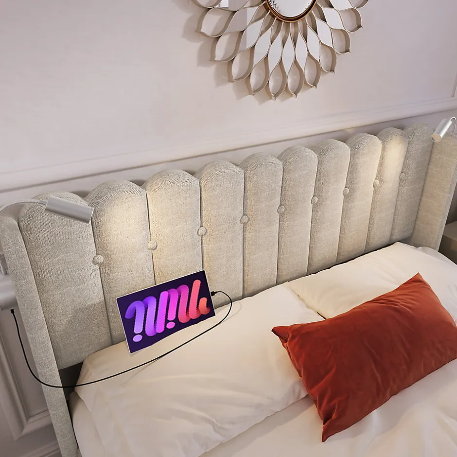 Okwish Lit Coffre 160 x 200 Cm - Lit Double avec Lampe de Lecture et Ports USB - Lin - Sans Matelas - Beige