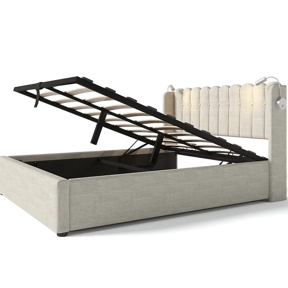 Okwish Lit Coffre 160 x 200 Cm - Lit Double avec Lampe de Lecture et Ports USB - Lin - Sans Matelas - Beige