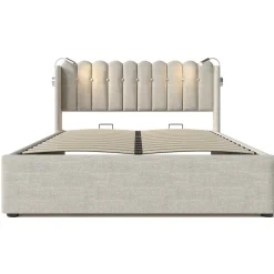 Okwish Lit Coffre 160 x 200 Cm - Lit Double avec Lampe de Lecture et Ports USB - Lin - Sans Matelas - Beige