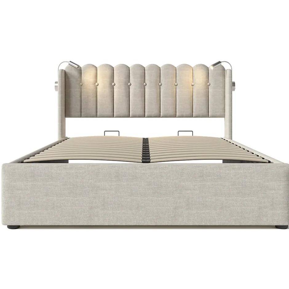 Okwish Lit Coffre 160 x 200 Cm - Lit Double avec Lampe de Lecture et Ports USB - Lin - Sans Matelas - Beige