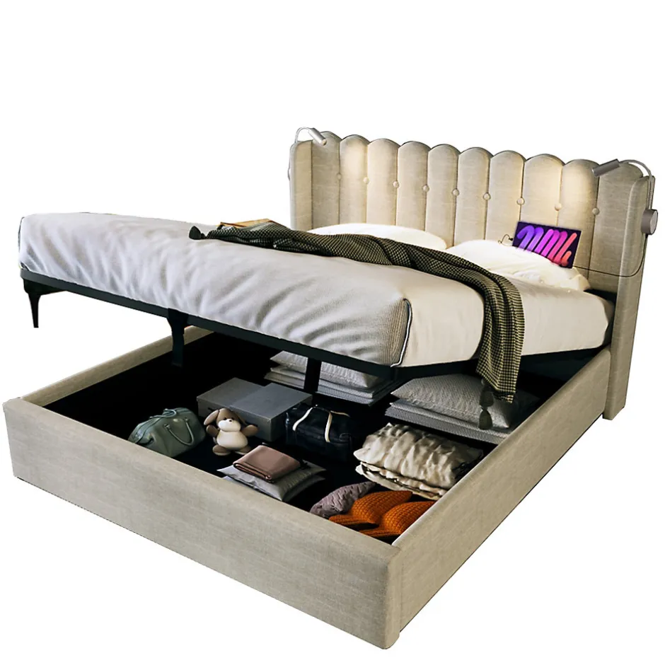 Okwish Lit Coffre 160 x 200 Cm - Lit Double avec Lampe de Lecture et Ports USB - Lin - Sans Matelas - Beige