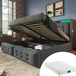 Okwish Lit Coffre 160 x 200 Cm - Lit Double avec Tête de Lit LED et Charge USB C - Bois, Coton, Métal - avec Matelas - Gris