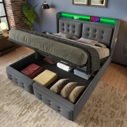 Okwish Lit Coffre 160 x 200 Cm - Lit Double avec Tête de Lit LED et Charge USB C - Bois, Coton, Métal - avec Matelas - Gris