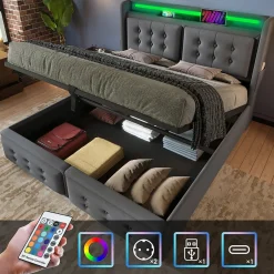 Okwish Lit Coffre 160 x 200 Cm - Lit Double avec Tête de Lit LED et Charge USB C - Bois, Coton, Métal - avec Matelas - Gris